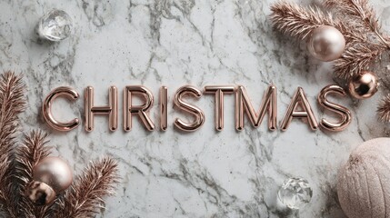 Premium rose gold CHRISTMAS typography on marble surface with pine branches and crystal ornaments