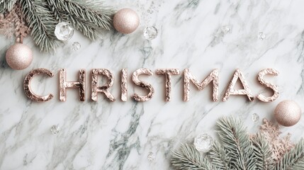 Premium rose gold CHRISTMAS typography on marble surface with pine branches and crystal ornaments