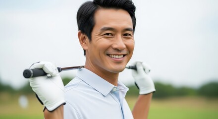 Smiling Man Holding Golf Club on Green Field