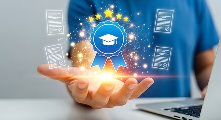 Hand holding graduation cap badge with certificates and laptop on desk