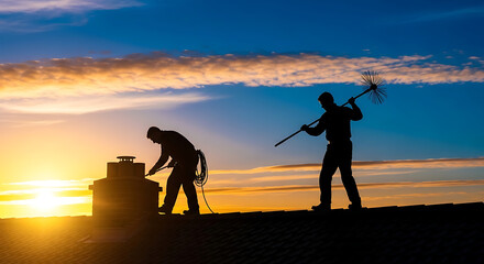 Silhouettes of chimney sweeps on a rooftop at sunset