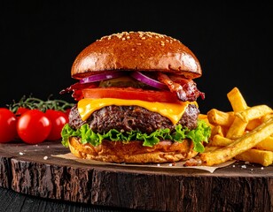 A delicious gourmet cheeseburger with bacon and fresh toppings served with a side of french fries on a rustic wooden board.