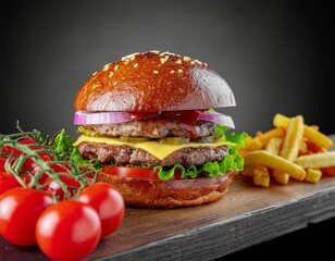 A delicious double cheeseburger with fresh lettuce, tomato, and onion, served with french fries and cherry tomatoes on a wooden board.