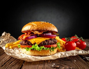 A delicious gourmet cheeseburger with bacon, lettuce, and tomato, served with french fries on a rustic wooden table.