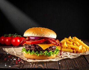 A gourmet bacon cheeseburger with fresh toppings and a side of french fries on a wooden table.