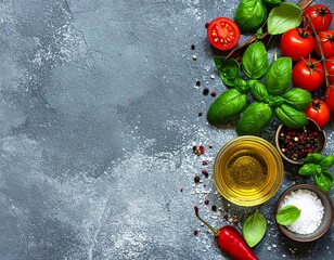 Fresh cooking ingredients including cherry tomatoes, basil, olive oil, and spices on a dark textured background with copy space.