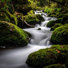 Smooth, flowing water cascades through mossy, vibrant green rocks