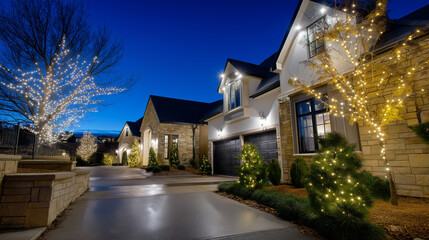 Fototapeta premium Professional outdoor holiday lighting installation services incorporating weatherproof decorative elements and energy-efficient LED technology enable property owners to create stun