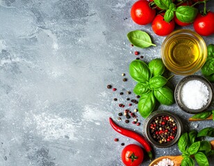 Fresh culinary ingredients for cooking, including tomatoes, basil, spices, and olive oil on a grey stone background.