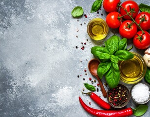 Fresh culinary ingredients like tomatoes, basil, olive oil, and spices on a rustic grey background with copy space.