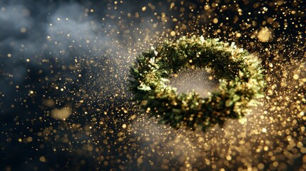 Christmas Wreath floating in zero gravity surrounded by sparkling golden particles
