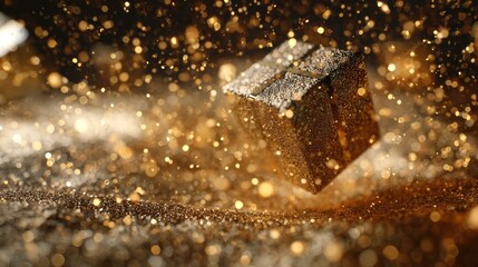 Christmas gift floating in zero gravity surrounded by sparkling golden particles