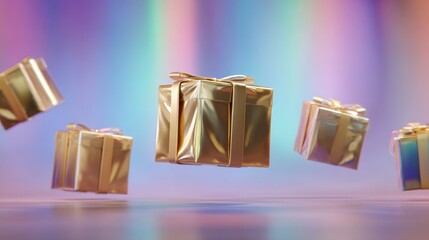 Levitating gift boxes wrapped in metallic paper against gradient aurora borealis background