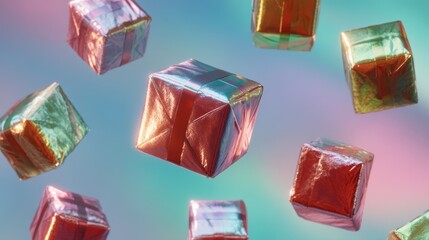 Levitating gift boxes wrapped in metallic paper against gradient aurora borealis background