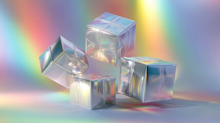 Levitating gift boxes wrapped in metallic paper against gradient aurora borealis background