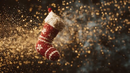 Santa sock floating in zero gravity surrounded by sparkling golden particles