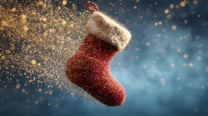 Santa sock floating in zero gravity surrounded by sparkling golden particles