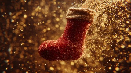 Santa sock floating in zero gravity surrounded by sparkling golden particles