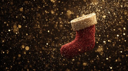 Santa sock floating in zero gravity surrounded by sparkling golden particles