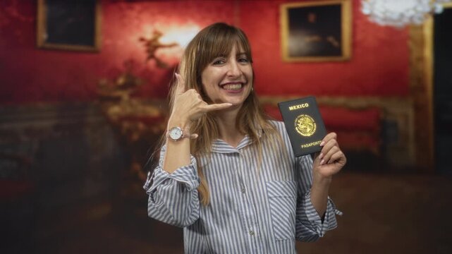Woman holding passport and making call gesture with hand to ear in museum building; travel plans joy.