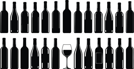 Wine bottles and glass in symmetrical rows, minimal vector design for beverage, alcohol, winery, tasting, and pattern recognition themes