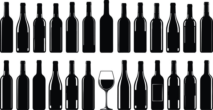 Wine bottles and glass in symmetrical rows, minimal vector design for beverage, alcohol, winery, tasting, and pattern recognition themes