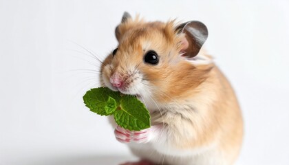 Hamster eating mint with on white background, pet animal, and studio shot.