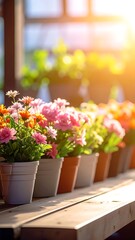 Row of potted colorful flowers on a wooden surface with warm sunlight