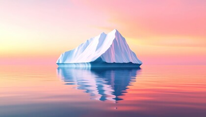 Iceberg floating on calm sea under sunset sky.