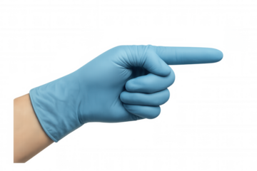 Hand wearing blue medical glove pointing finger, indicating direction, providing protection and hygiene on transparent background
