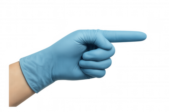Hand wearing blue medical glove pointing finger, indicating direction, providing protection and hygiene on transparent background