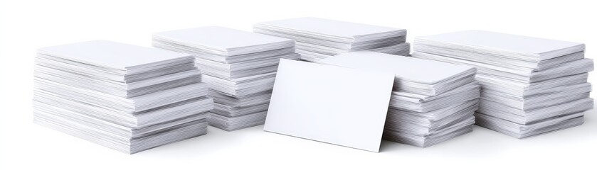 Several stacks of bright white paper sheets are neatly arranged, with one sheet propped against a stack on an isolated white background.