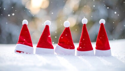 Row of Santa hats in fresh snow, falling flakes, blurred background
