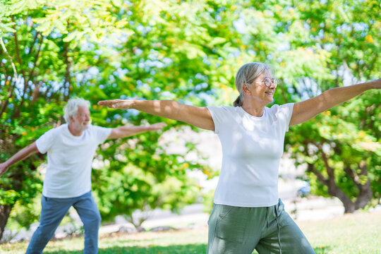 Active senior couple practicing yoga together in a lush green park, enjoying wellness, balance, and outdoor fitness. Elderly man and woman performing stretching and mindful exercises in nature, health - Powered by Adobe