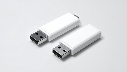 Two white, rectangular USB drives on a bright white background, presented in a minimalist, clean composition, emphasizing technology and storage