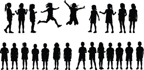 Silhouette illustration of children standing walking and jumping together showing childhood activity fun friendship teamwork and outdoor play concept vector