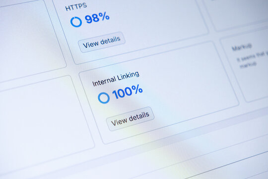 Digital dashboard displaying crucial website performance metrics including HTTPS 98% and Internal Linking 100%, essential for effective digital marketing and successful SEO strategy