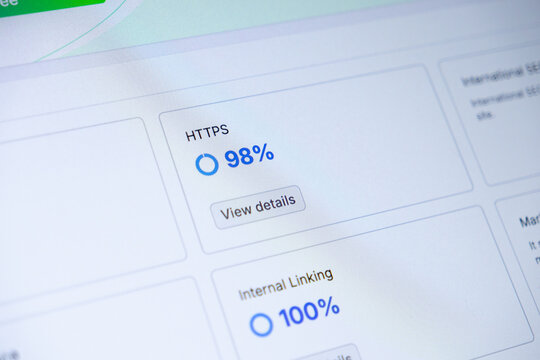 Dashboard display showing high HTTPS 98% security and 100% Internal Linking scores, critical for robust SEO optimization, website performance, and digital business analytics