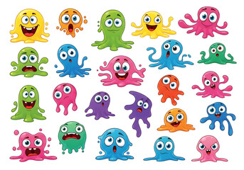 Obraz premium A vibrant collection of cute colorful cartoon monsters with big eyes and expressive faces showing various emotions like joy surprise and fear.