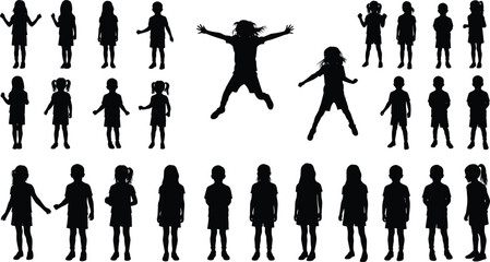 Silhouette illustration of children standing walking and jumping together showing happiness friendship teamwork and playful childhood activity concept vector design