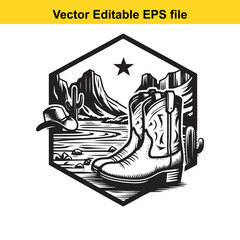 Vector art of cowboy boot, hat, and cactus in a hexagonal frame with mountains