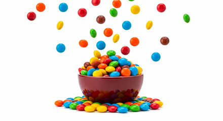 Colorful sugar and color coated chocolate candy in bowl with candy flying and dropping, white background, copy space   