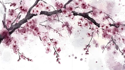 Watercolor cherry blossom branch with delicate pink flowers art illustration