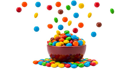 Colorful sugar and color coated chocolate candy in bowl with candy flying and dropping, cutout in transparent background, png format