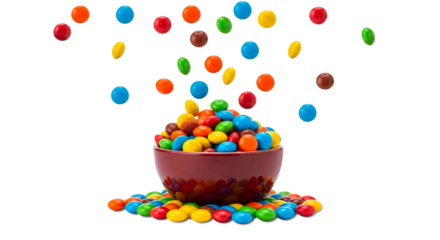 Colorful sugar and color coated chocolate candy in bowl with candy flying and dropping, cutout in transparent background, png format