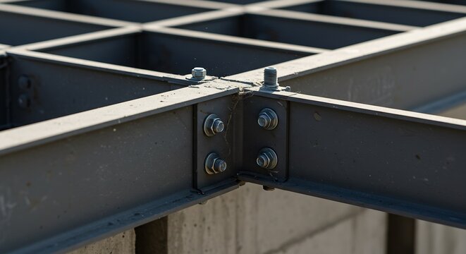 Strong steel beams connected with bolts create a sturdy industrial framework, perfect for construction and engineering projects requiring strength and stability