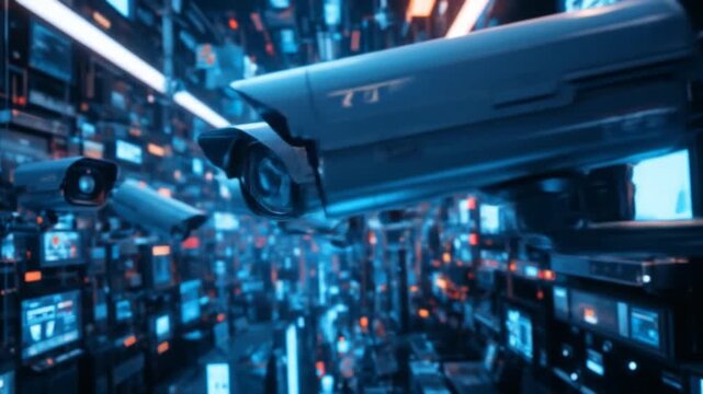 Digital CCTV cameras. Futuristic surveillance system technology concepts. Security and control. Holographic data elements. 4K video.