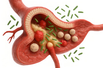 3D cutaway view of liver and biliary tree demonstrating acute cholangitis, realistic texture, red inflamed ducts with visible bile flow blockage, educational medical accuracy, white background