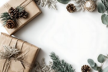 A minimalist and elegant flat lay featuring wrapped gifts, pine cones, and foliage on a clean white background, perfect for the holidays.