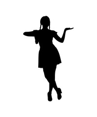 Silhouette of a young woman with pigtails wearing a dress and high heels presenting something